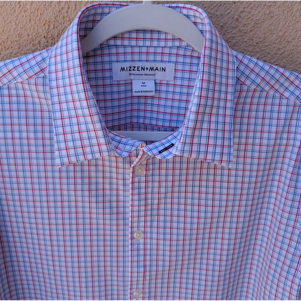 Mizzen+Main Mens Trim Fit Shirt M Blue Red Plaid Performance